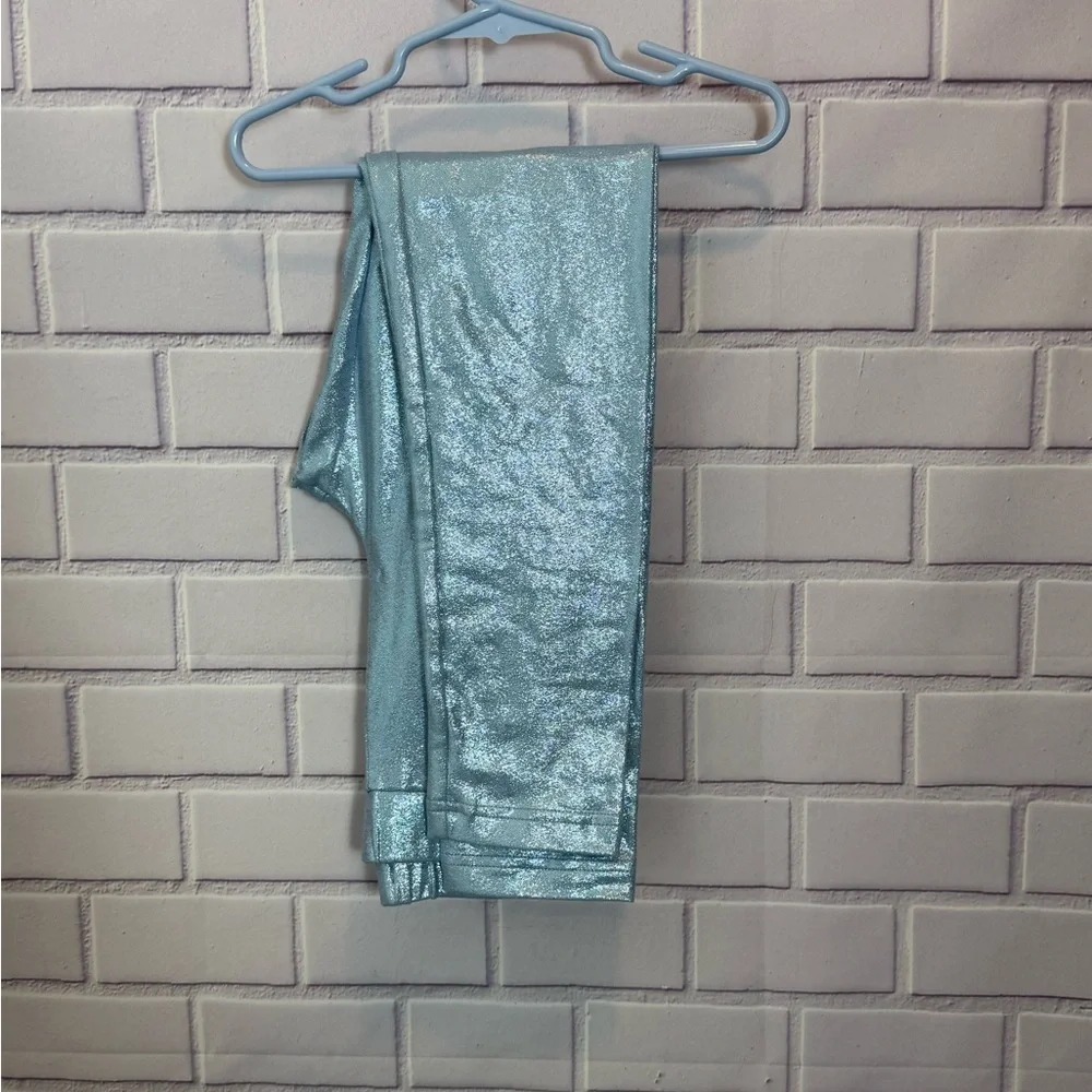 Girls Metallic Blue Shimmer Leggings Size L 10–12 NWT Stretch Elastic Waist